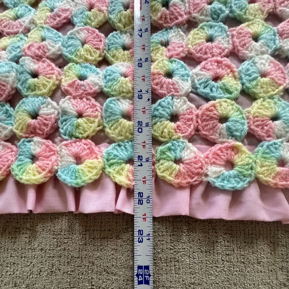 Handmade Crochet Baby Blanket and Pillow Set Pastel Pink Blue Yellow Ruffle